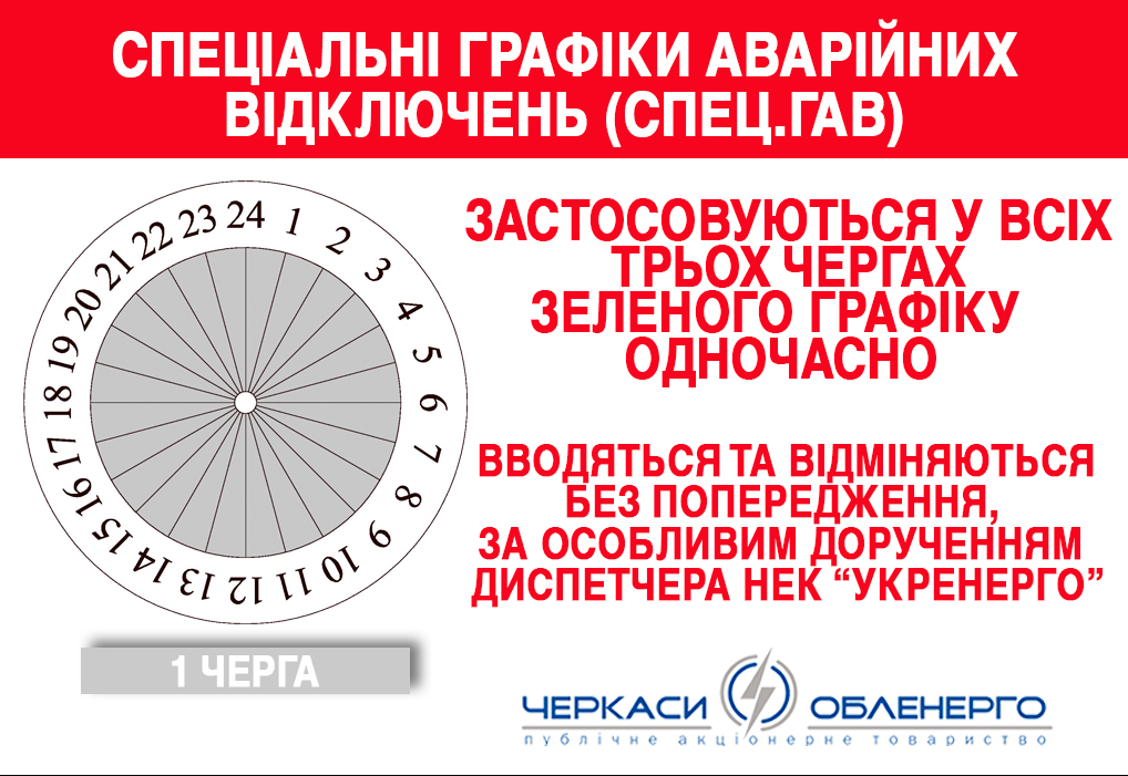 У ЧЕРКАСЬКІЙ ОБЛАСТІ ЗАСТОСОВАНО СПЕЦІАЛЬНІ ГРАФІКИ АВАРІЙНИХ ВІДКЛЮЧЕНЬ